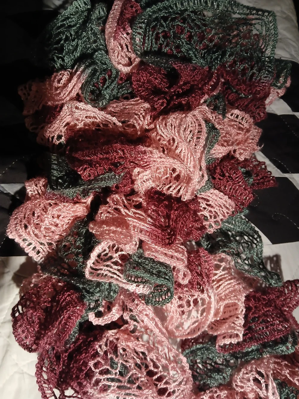 Ruffled Crochet Scarf in Rose, Forest Green & Burgundy
